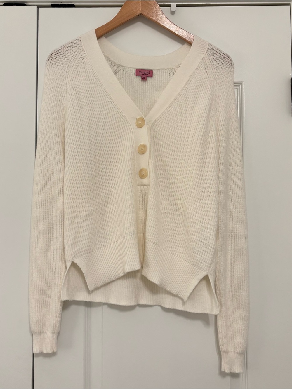 Francesca’s Miami Ivory V-Neck Button Front Ribbed Sweater